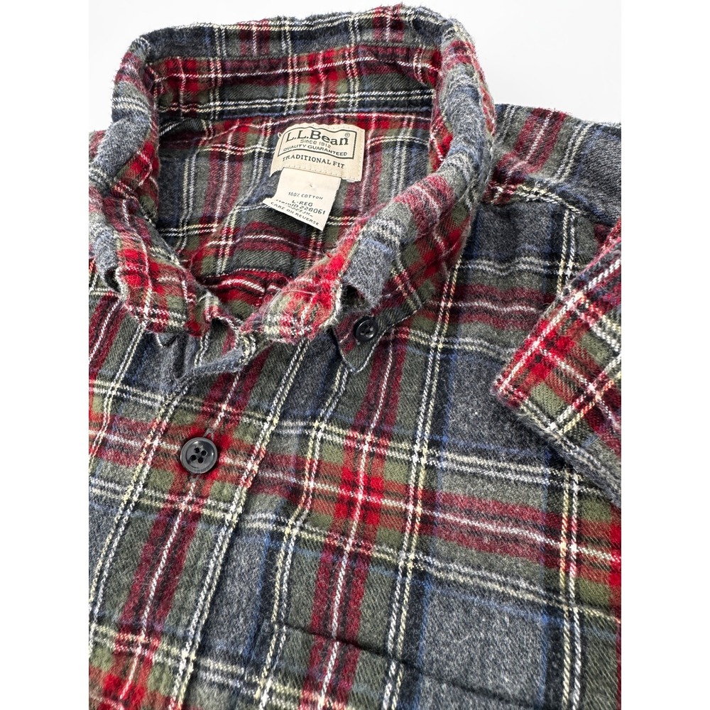 L.L.Bean Flannel Shirt Mens Large Regular Gray Red Plaid Button Up Outdoor - Picture 4 of 11
